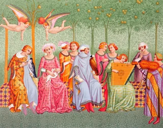 Höfische Frauen hören Musik in einem Obstgarten, nach dem Triumph des Todes Fresko im Camposanto Monumentale, Pisa, von Buonamico Buffalmacco, aus 